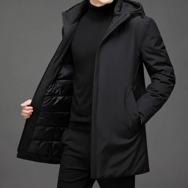 Herren Kapuzen Reißverschluss Langer Winterjacke | Warm