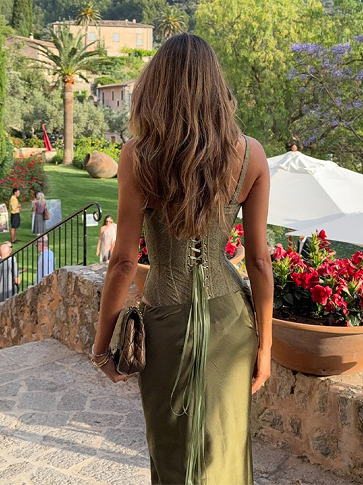 Leona | Korsett-Set mit Satinrock in Moosgrün 